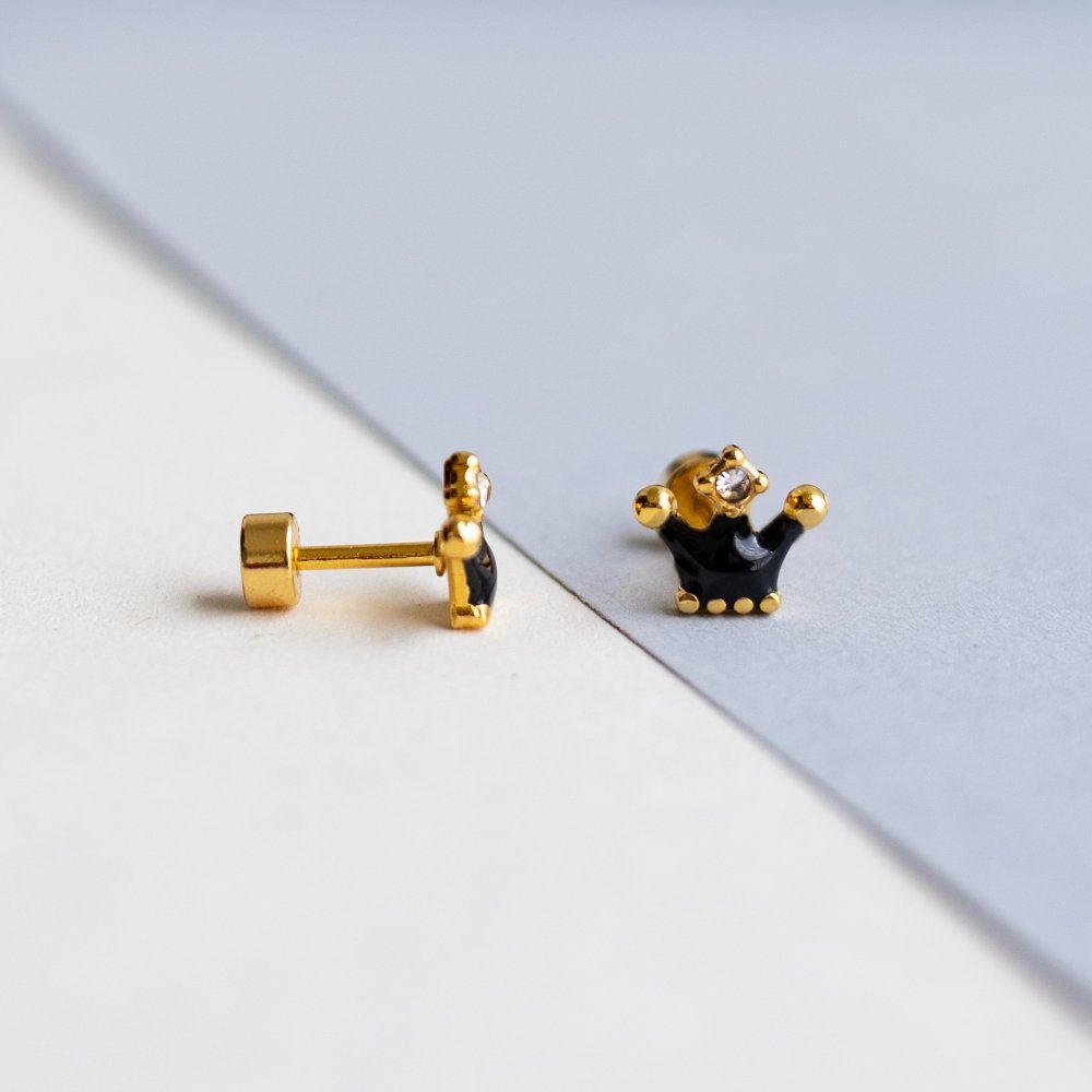Black crown enamel earring