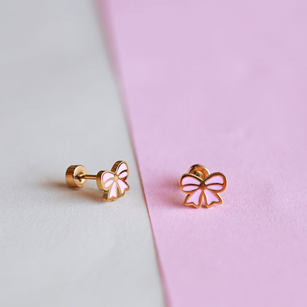 Pink bow enamel earring