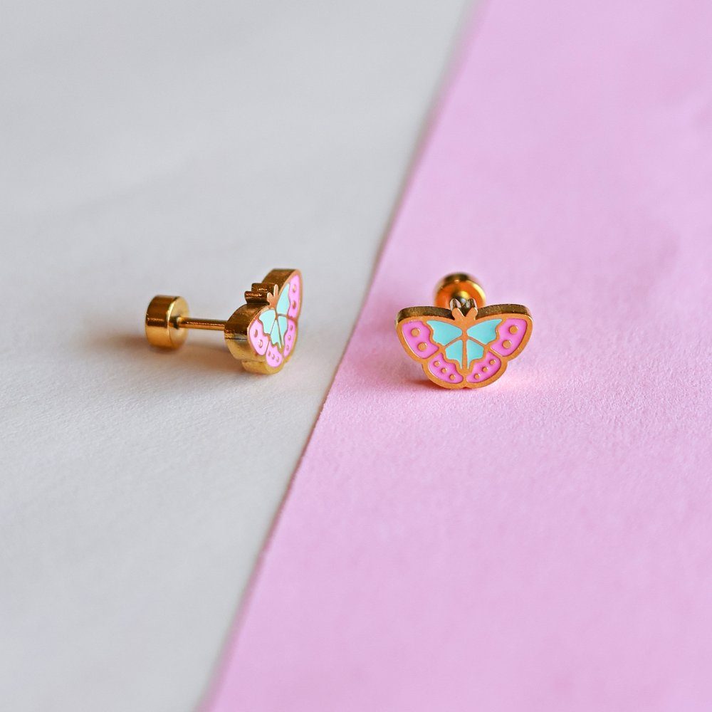 Pink butterfly enamel earring